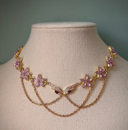 Floral Gold Choker Necklace with Chain Drapes